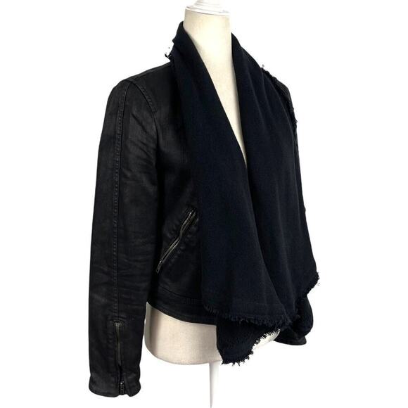 Free People Drape Front Coated Waxed Denim Moto Cropped Jacket Black Zip Cuffs 4 - Picture 8 of 14